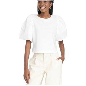 NWT White Puff Short Sleeve T-Shirt Blouse XXL‎ Cropped Cotton Blend Preppy